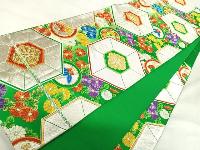 平和屋着物◎六通柄袋帯 唐織 亀甲花文 金銀糸 正絹 逸品 AABI5363yx