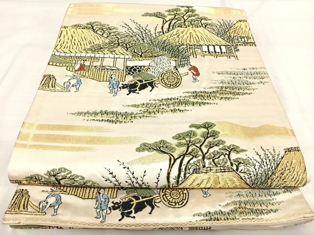 平和屋着物◎六通柄袋帯 唐織 人物風景文 金銀糸 正絹 逸品 AABI5365yx