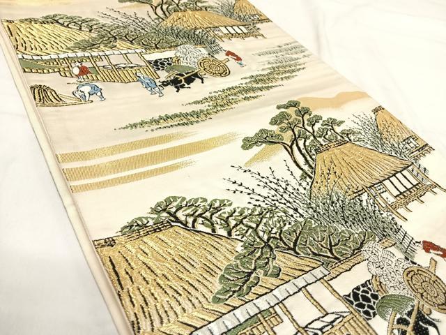 平和屋着物◎六通柄袋帯 唐織 人物風景文 金銀糸 正絹 逸品 AABI5365yx