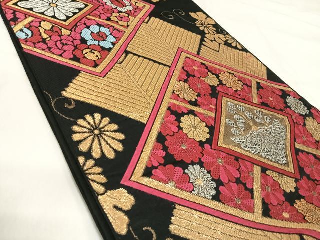 平和屋着物◎六通柄 本袋帯 唐織 花菱文 黒地 金銀糸 正絹 逸品 AABI5367yx