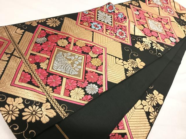平和屋着物◎六通柄 本袋帯 唐織 花菱文 黒地 金銀糸 正絹 逸品 AABI5367yx