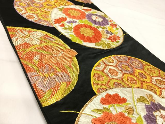 平和屋着物◎六通柄袋帯 唐織 花丸文 黒地 金糸 正絹 逸品 AABI5371yx