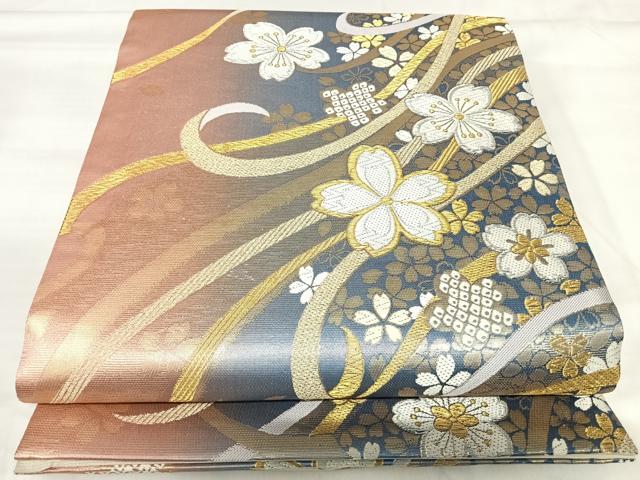平和屋着物◎六通柄袋帯 唐織 熨斗花文 金銀糸 正絹 逸品 AABI5372yx