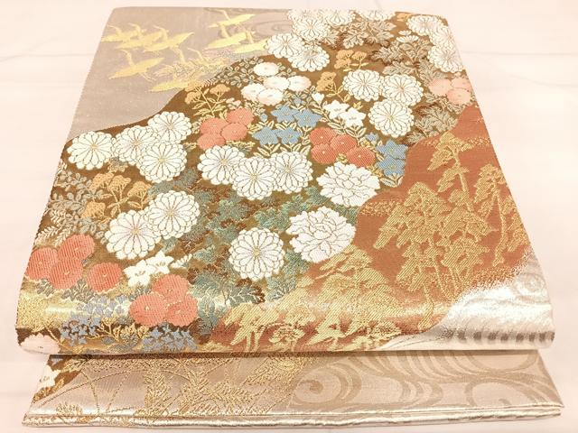 平和屋着物◎六通柄袋帯 唐織 飛鶴花文 金銀糸 正絹 逸品 AABI5379yx