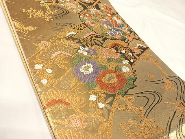 平和屋着物◎六通柄袋帯 唐織 はなやぎ 金糸 正絹 逸品 AABI5380yx
