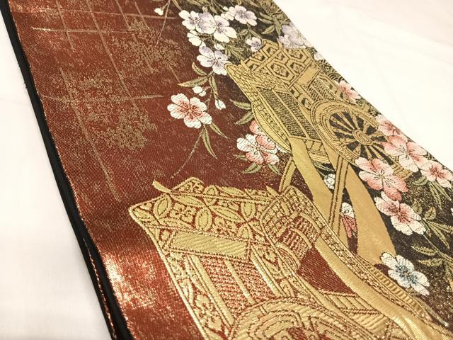 平和屋着物◎六通柄袋帯 御所車花文 金糸 正絹 逸品 AABI5381yx