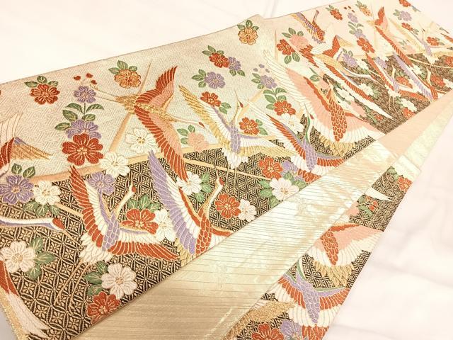 平和屋着物◎佐賀錦 六通柄袋帯 唐織 飛鶴花文 金糸 正絹 逸品 AABI5382yx
