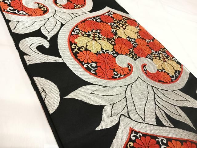 平和屋着物◎六通柄袋帯 唐織 花唐草文 黒地 金銀糸 正絹 逸品 AABI5383yx