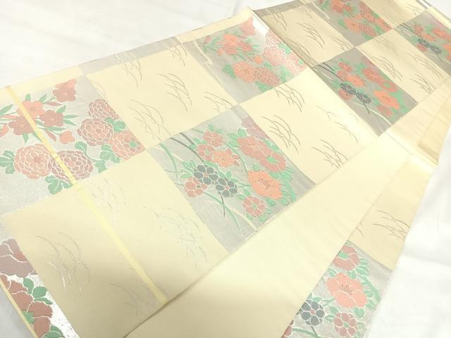 平和屋着物◎六通柄 本袋帯 色紙花文 銀糸 正絹 逸品 AABI5388yx