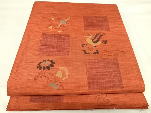 平和屋着物◎六通柄袋帯 草子 花喰い鳥 正絹 逸品 AABI5393yx