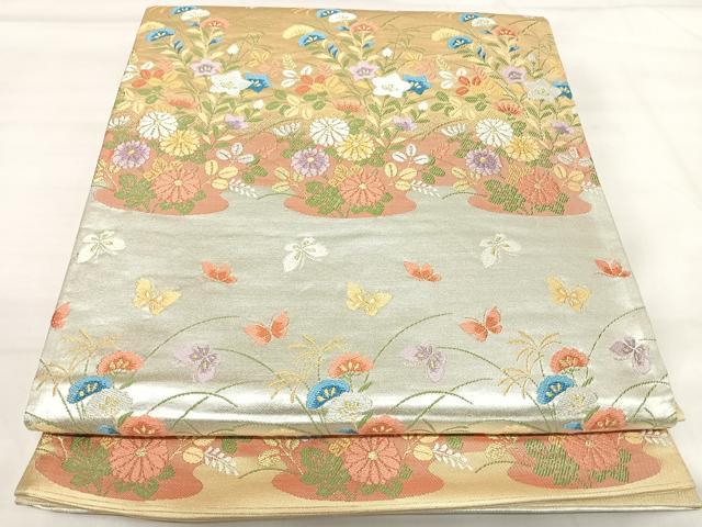 平和屋着物◎六通柄袋帯 唐織 花蝶文 金銀糸 正絹 逸品 AABI5394yx