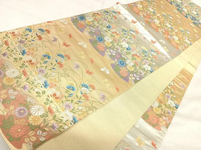 平和屋着物◎六通柄袋帯 唐織 花蝶文 金銀糸 正絹 逸品 AABI5394yx