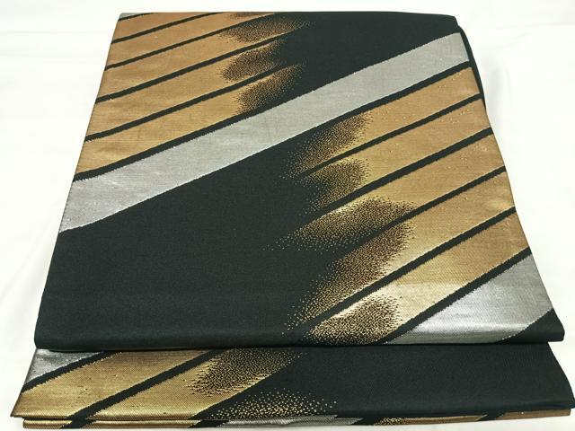 平和屋着物◎六通柄袋帯 斜縞 黒地 金銀糸 正絹 逸品 AABI5400yx