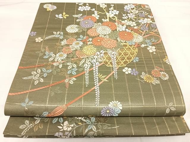 平和屋着物◎六通柄袋帯 唐織 飾花文 金糸 正絹 逸品 AABI5414yx