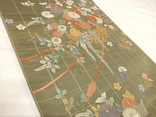 平和屋着物◎六通柄袋帯 唐織 飾花文 金糸 正絹 逸品 AABI5414yx
