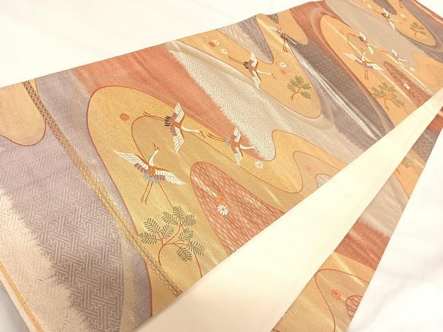 平和屋着物◎六通柄袋帯 唐織 飛鶴花松文 金銀糸 正絹 逸品 AABI5419yx