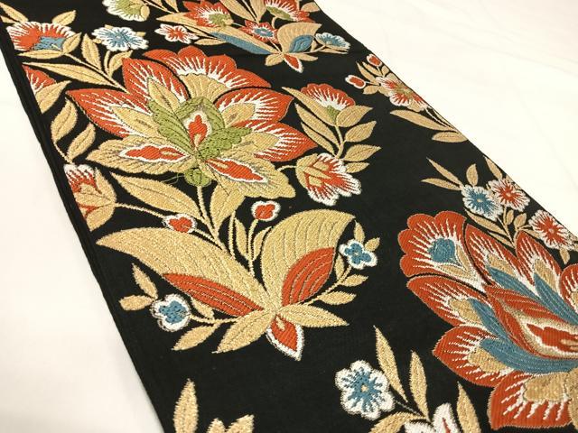 平和屋着物◎六通柄袋帯 唐織 更紗花文 黒地 金銀糸 正絹 逸品 AABI5424yx