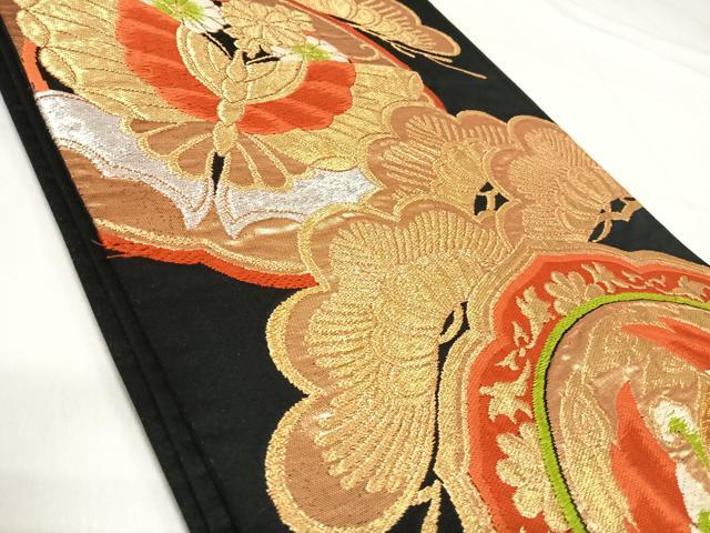 平和屋着物◎六通柄袋帯 唐織 花蝶松文 黒地 金銀糸 三越扱い 正絹 逸品 AABI5429yx