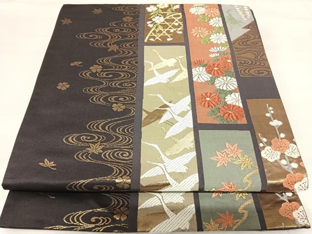 平和屋着物◎六通柄袋帯 唐織 飛鶴流水花文 金糸 正絹 逸品 AABI5434yx