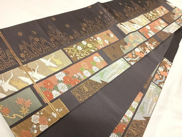 平和屋着物◎六通柄袋帯 唐織 飛鶴流水花文 金糸 正絹 逸品 AABI5434yx