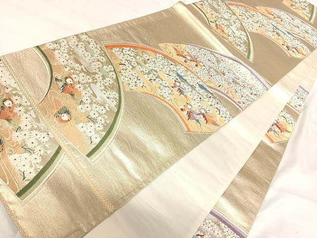平和屋着物◎六通柄袋帯 唐織 地紙鴛鴦花文 金銀糸 正絹 逸品 AABI5437yx
