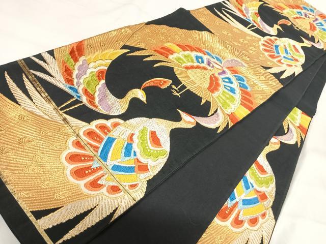 平和屋着物◎六通柄袋帯 唐織 孔雀文 黒地 金銀糸 正絹 逸品 AABI5442yx