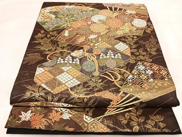 平和屋着物◎六通柄袋帯 高台寺蒔絵 扇面文箱菊紋 金糸 正絹 逸品 AABI5444yx