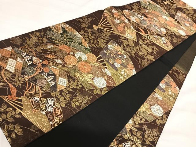 平和屋着物◎六通柄袋帯 高台寺蒔絵 扇面文箱菊紋 金糸 正絹 逸品 AABI5444yx