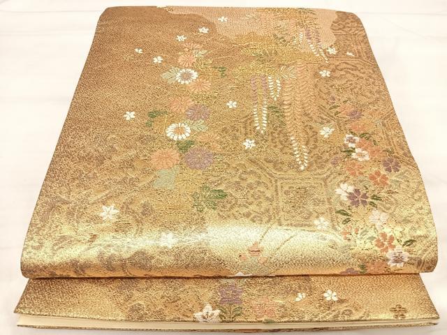 平和屋着物◎六通柄袋帯 正倉院花文 金糸 正絹 逸品 AABI5446yx