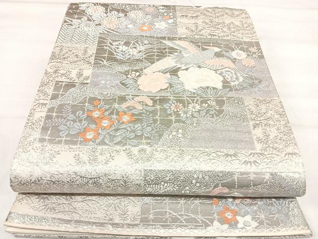 平和屋着物◎六通柄袋帯 唐織 花鳥文 銀糸 正絹 逸品 AABI5459yx