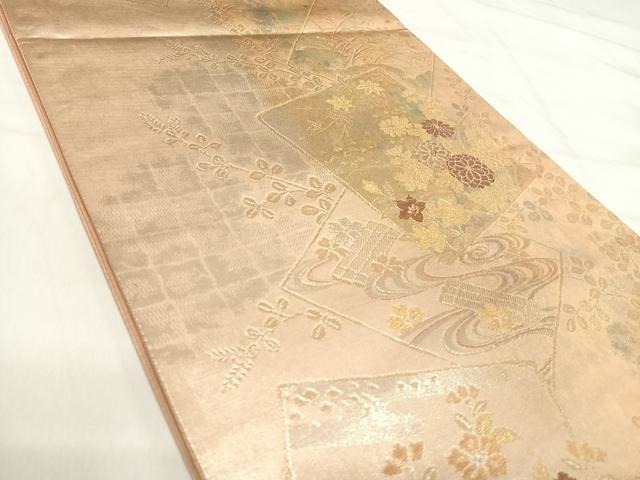 平和屋着物◎六通柄袋帯 唐織 古典引箔 色紙草花文 金銀糸 正絹 逸品 AABI5463yx