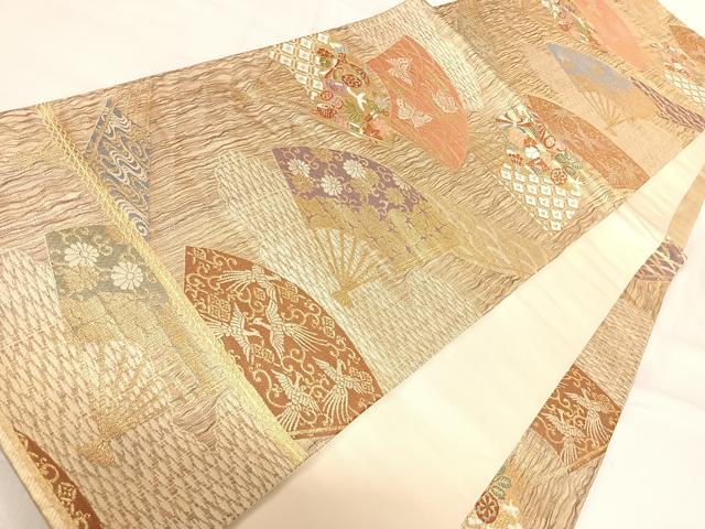 平和屋着物◎六通柄袋帯 唐織 扇面吉祥鳳凰花蝶文 金糸 正絹 逸品 AABI5465yx