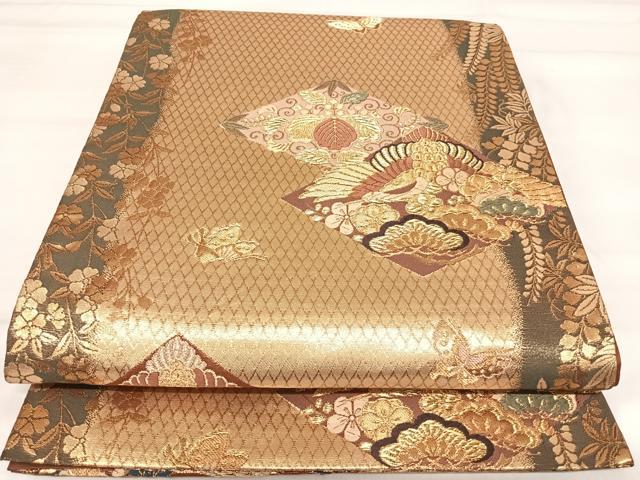 平和屋着物◎六通柄袋帯 飛鶴草花文 舞蝶 金銀糸 正絹 逸品 AABI5473yx