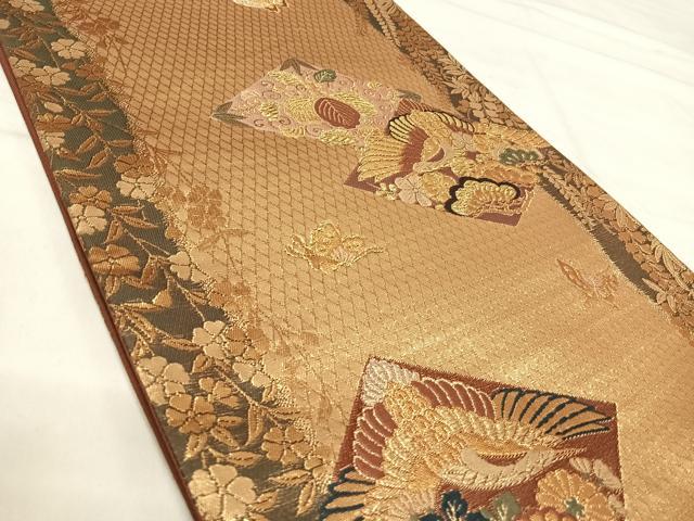平和屋着物◎六通柄袋帯 飛鶴草花文 舞蝶 金銀糸 正絹 逸品 AABI5473yx