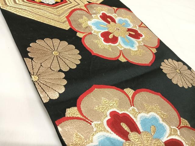 平和屋着物◎西陣 六通柄袋帯 唐織 正倉院花文 黒地 金銀糸 正絹 逸品 AABI5476yx