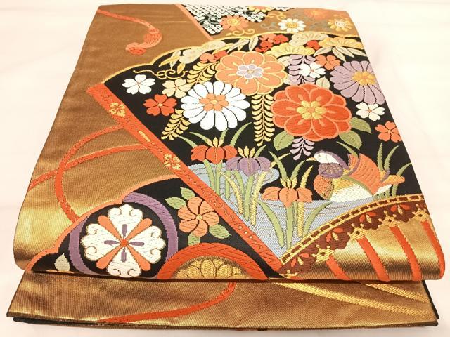平和屋着物◎六通柄袋帯 唐織 扇面花文 金糸 正絹 逸品 AABI5483yx