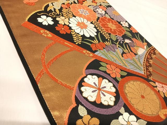 平和屋着物◎六通柄袋帯 唐織 扇面花文 金糸 正絹 逸品 AABI5483yx