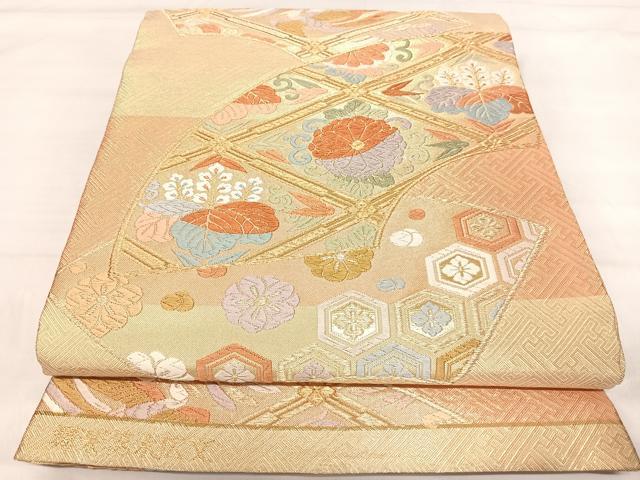 平和屋着物◎佐賀錦 六通柄袋帯 唐織 舞楽菱末広文 金糸 正絹 逸品 AABI5502yx