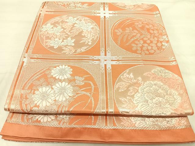 平和屋着物◎六通柄袋帯 唐織 花丸文 銀糸 正絹 逸品 AABI5503yx