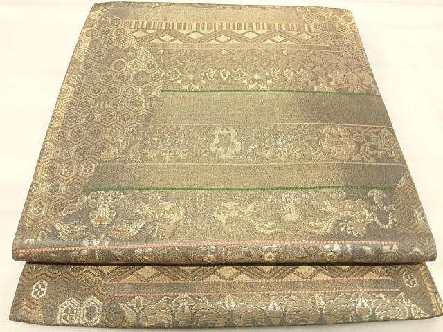 平和屋着物◎六通柄袋帯 横段更紗文 金糸 正絹 逸品 AABI5507yx