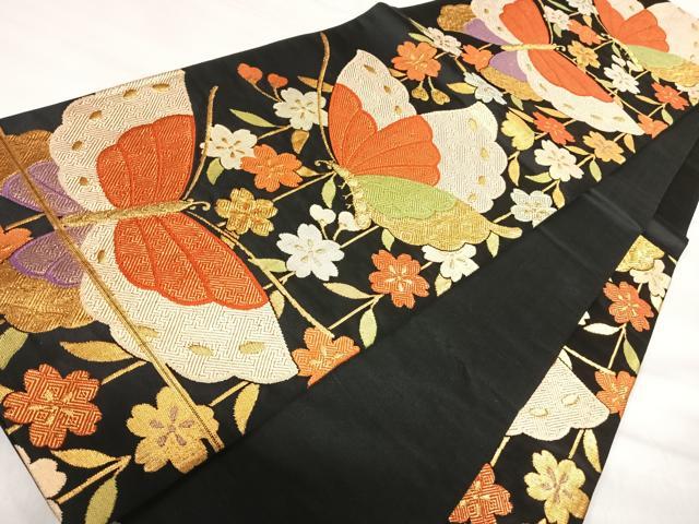 平和屋着物◎六通柄袋帯 舞蝶文 黒地 金糸 正絹 逸品 AABI5510yx