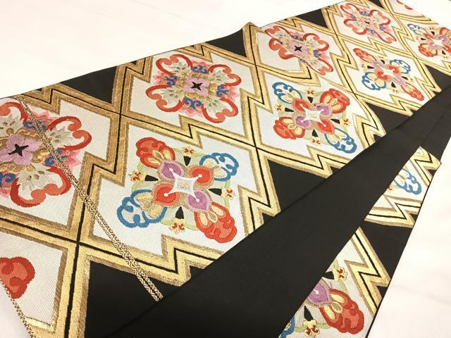 平和屋着物◎六通柄 本袋帯 松皮菱花文 黒地 金銀糸 正絹 逸品 AABI5513yx