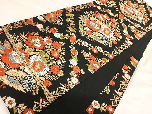 平和屋着物◎太鼓柄 京本袋帯 唐織 花尽くし 黒地 金糸 正絹 逸品 AABI5531yx