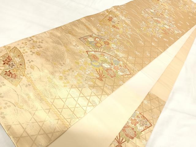 平和屋着物◎六通柄袋帯 扇面花文 金銀糸 正絹 逸品 AABI5558yx