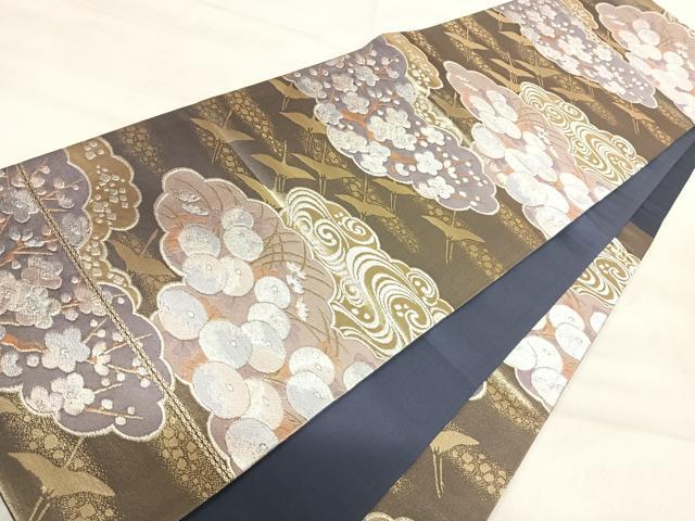 平和屋着物◎六通柄袋帯 雲取り飛鶴花文 金銀糸 正絹 逸品 AABI5562yx
