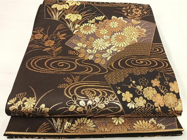 平和屋着物◎六通柄袋帯 地紙流水花文 金糸 正絹 逸品 AABI5563yx
