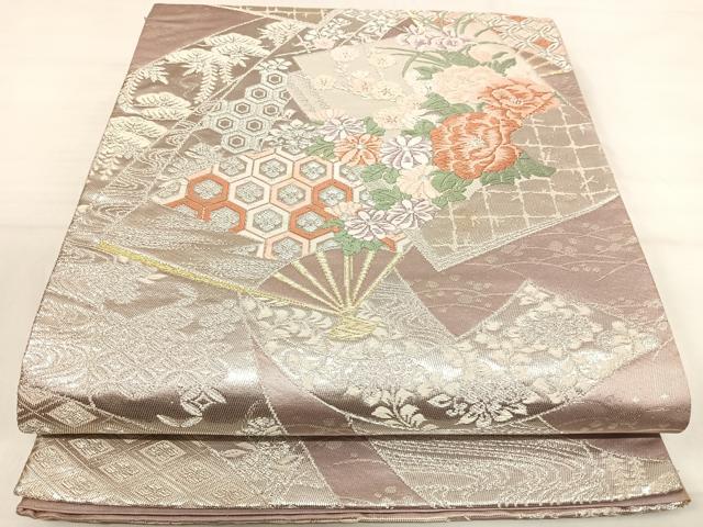 平和屋着物◎六通柄袋帯 唐織 色紙重ね扇面花文 金銀糸 正絹 逸品 AABI5575yx