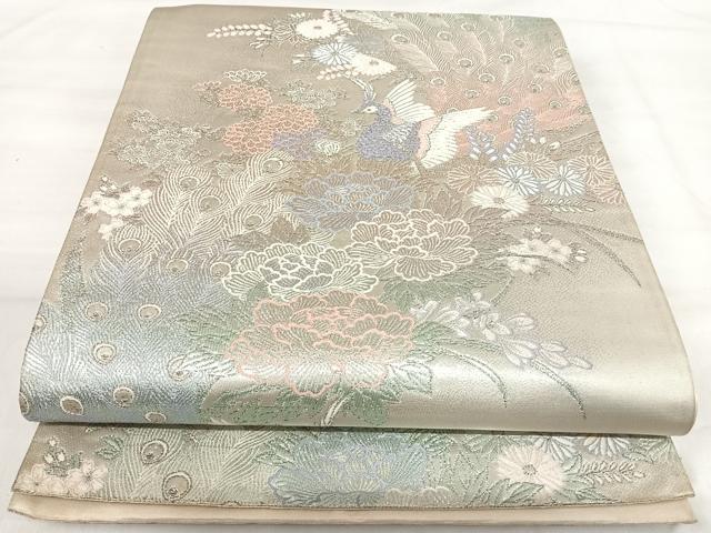 平和屋着物◎六通柄袋帯 孔雀花文 銀糸 正絹 逸品 AABI5579yx