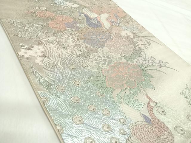 平和屋着物◎六通柄袋帯 孔雀花文 銀糸 正絹 逸品 AABI5579yx