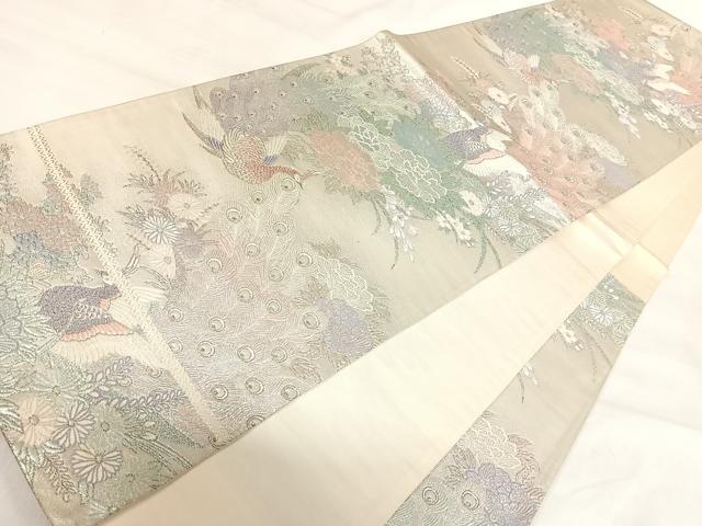 平和屋着物◎六通柄袋帯 孔雀花文 銀糸 正絹 逸品 AABI5579yx